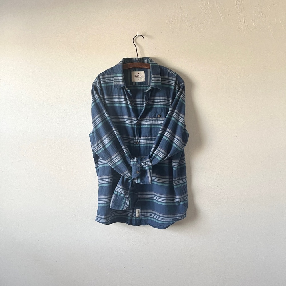 Vintage Hollister L 100% Cotton Beach Long Sleeve Blue Striped Shirt Costal